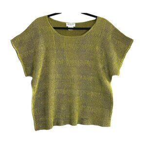 PILE OU FACE Women Crinkle Blouse Sz L Green Stretch Boxy Casual Business 6-3
